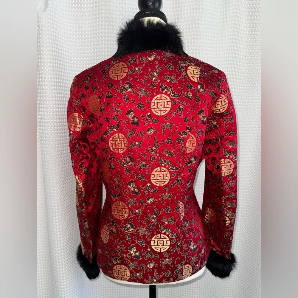 Chinese Silk Blend Jacket Rabbit Fur Collar Red Tailored blazer sz L /US Small - Picture 13 of 14